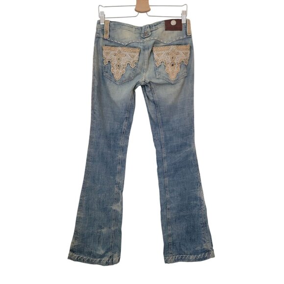 Y2K ANTIK DENIM Distressed Bootcut Low Rise Jeans Weave Pattern Women's Size 27 - Picture 2 of 12